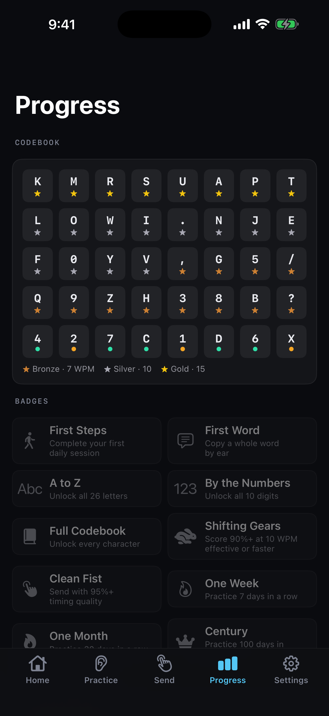 Morse Coach codebook with mastery levels across 40 characters