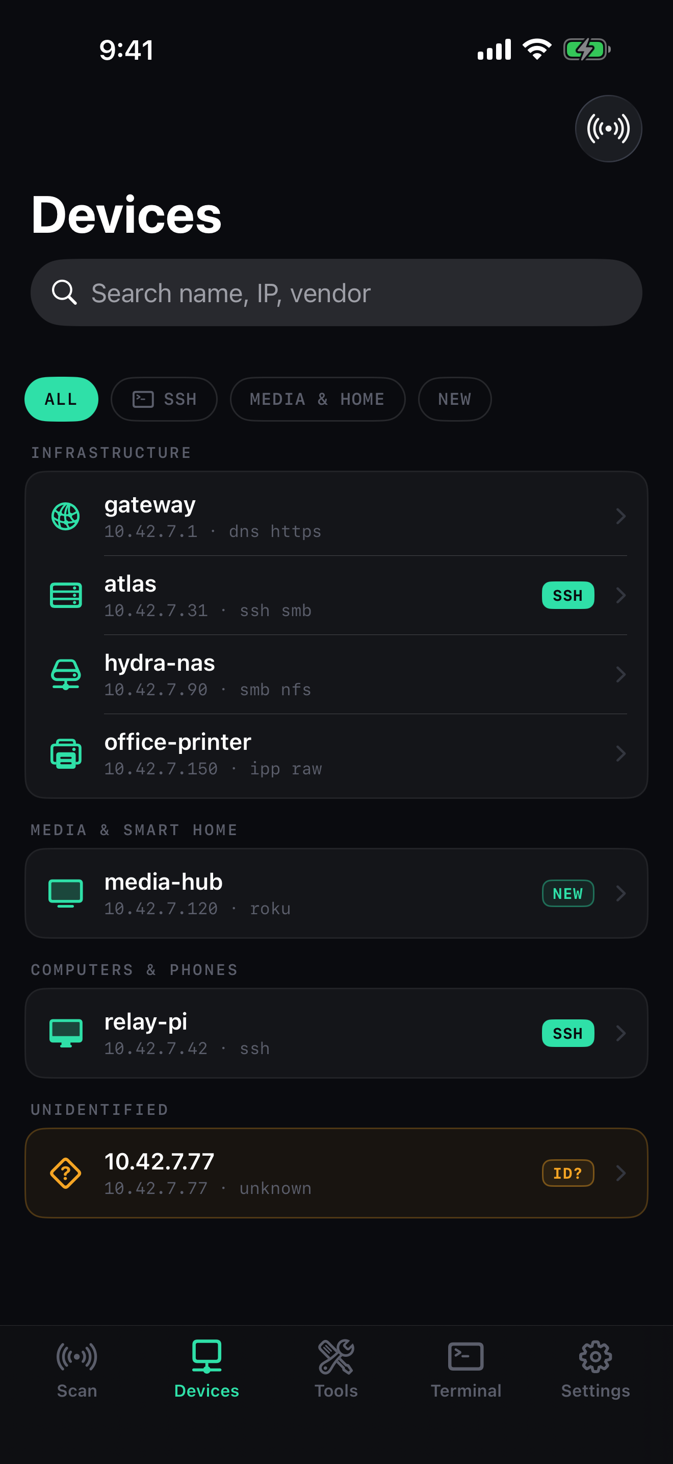 Grouped device list with network identities and status