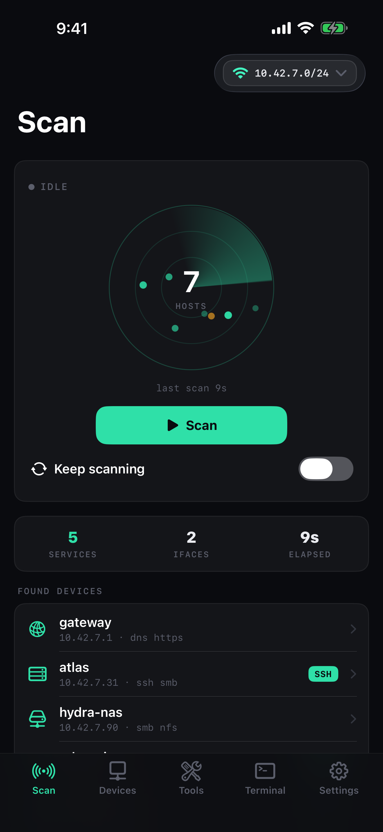 Network Scan discovery screen