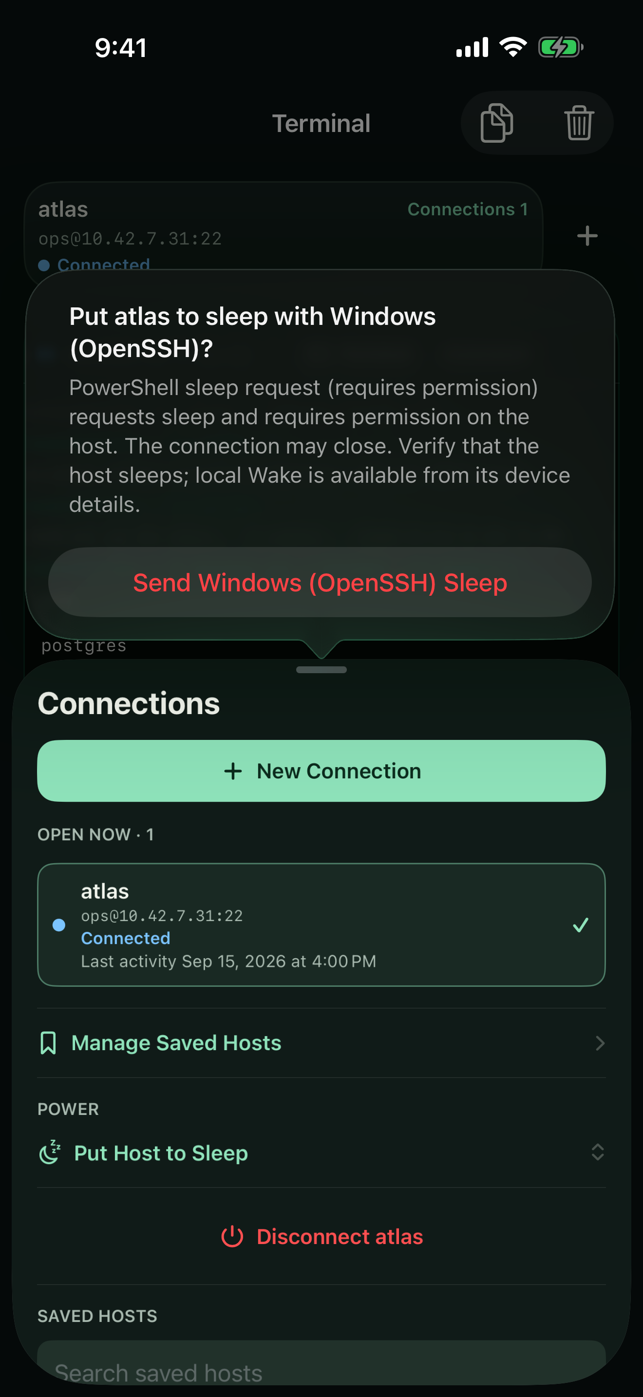 Confirmed Windows sleep request above the SSH session drawer