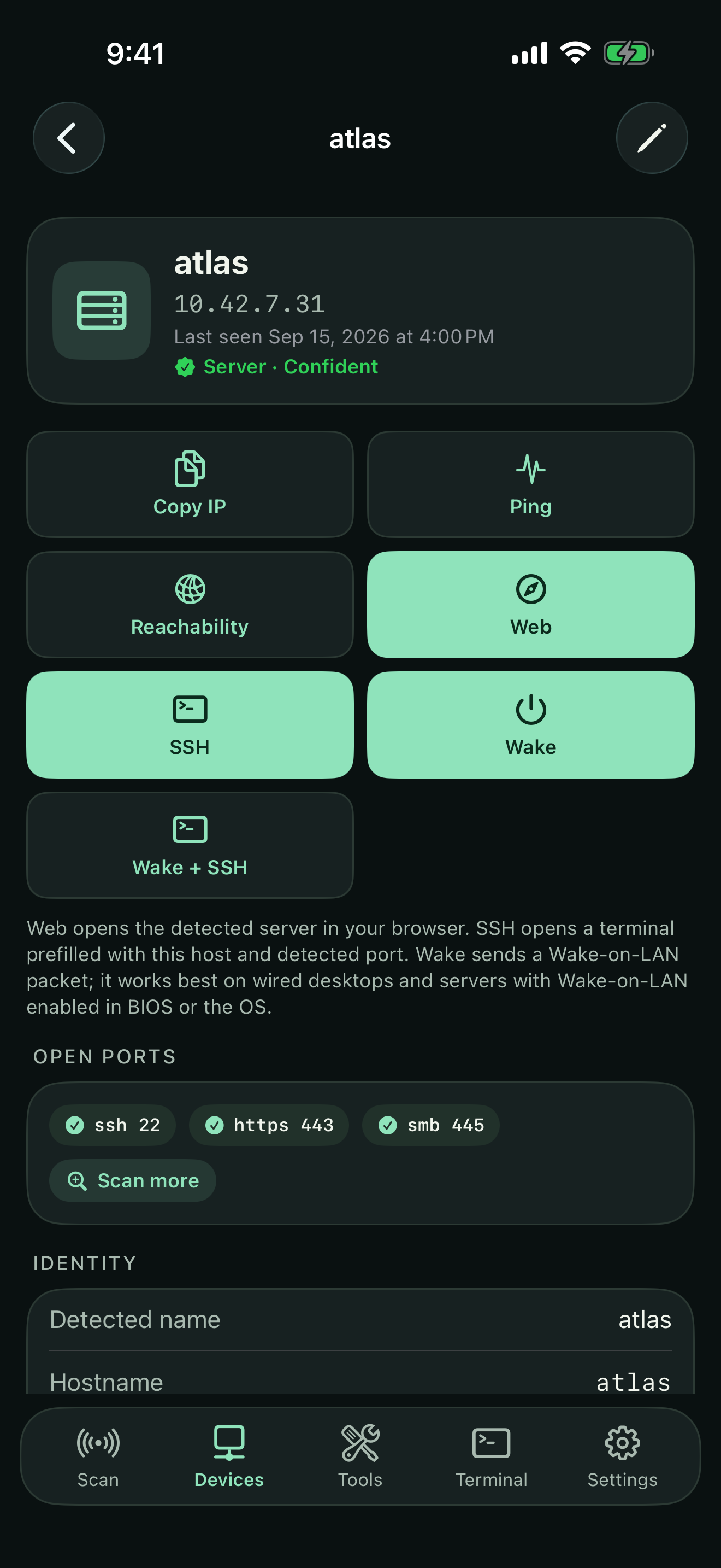Device details with free Wake and Pro Wake plus SSH actions
