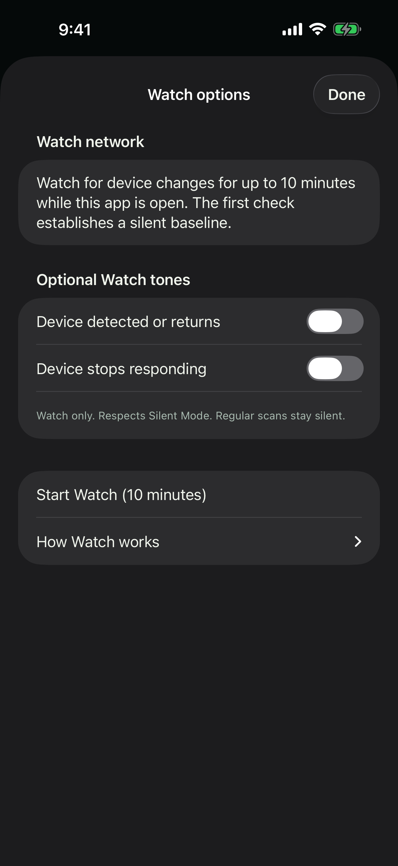 Watch network options with optional device alert tones